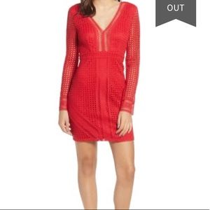 ASTR Red Mesh Lace Long Sleeve Bodycon Dress, Lg